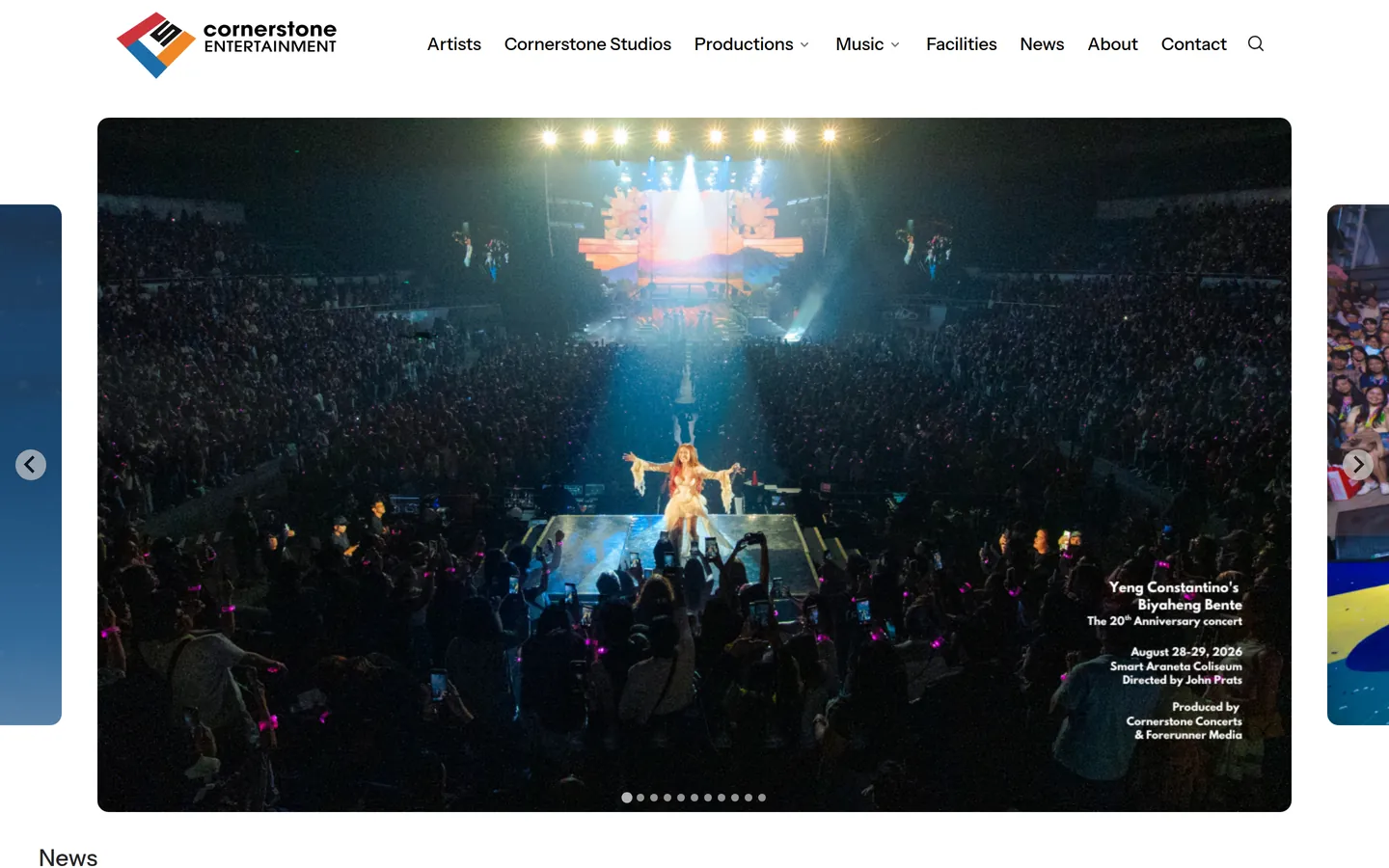 Cornerstone Entertainment's home page on a desktop monitor