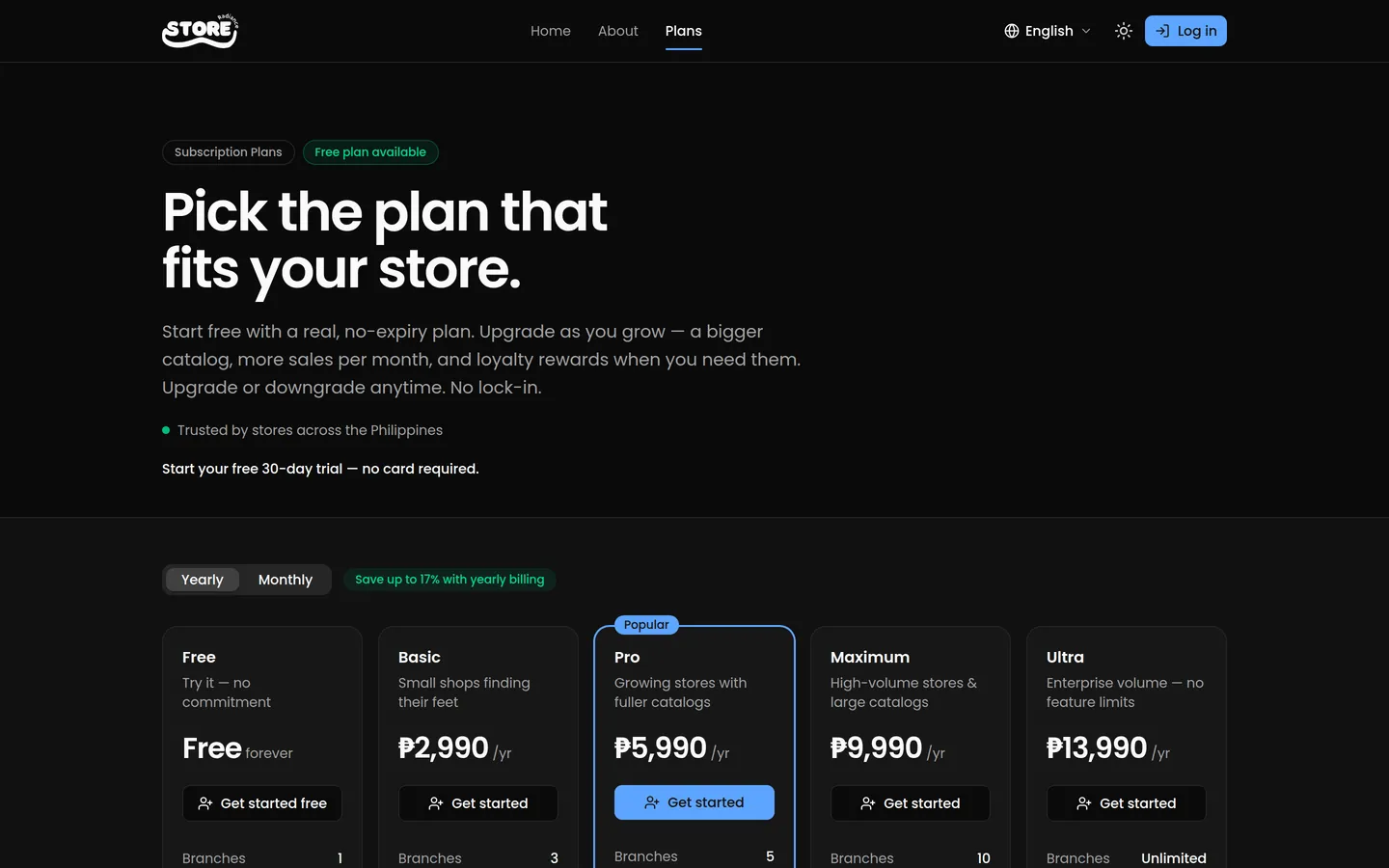 The plans page on store.radianceph.com